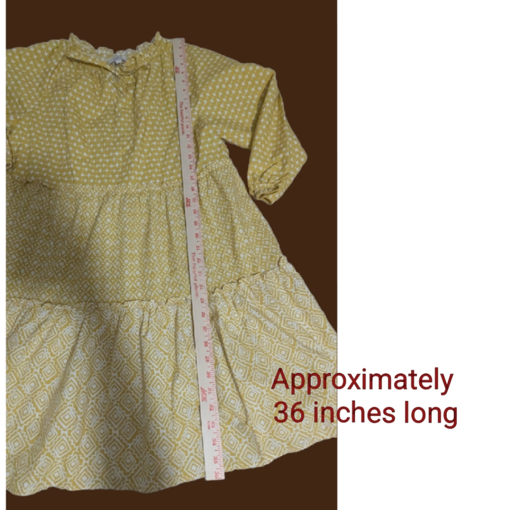 Loft Tiered Cotton Dress Sz M  Mustard Yellow Multi Print Knee Puff Sleeve 🌼(4) - Picture 6 of 16